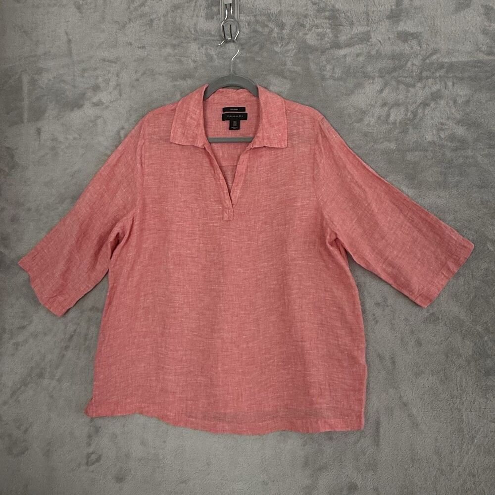 Tahari Linen Tunic Womens 1X Plus Side Button 3/4 Sleeve Popover Shirt